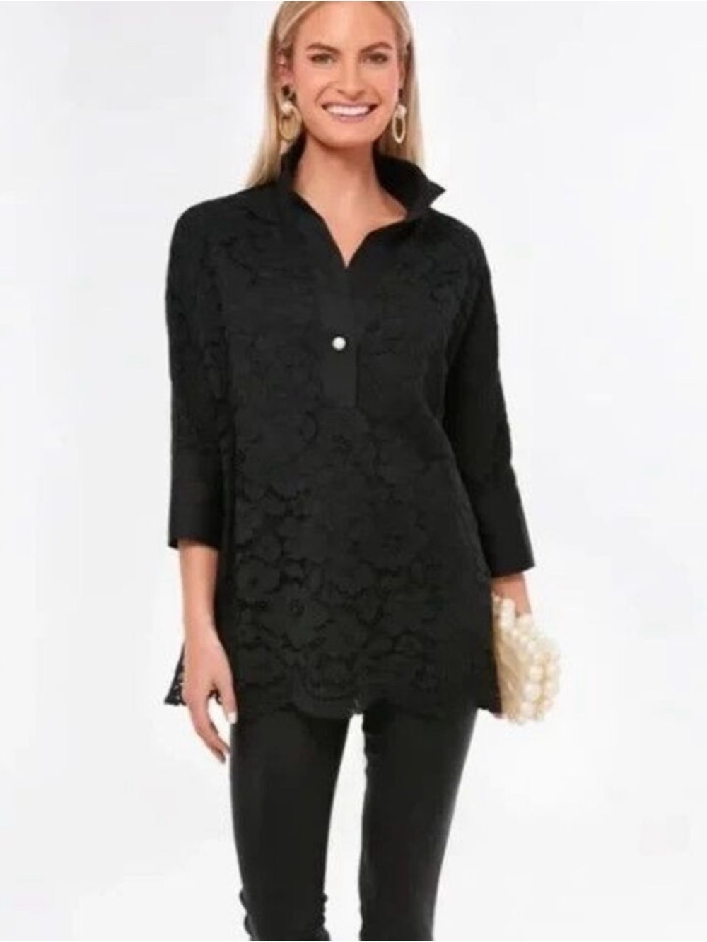 Tuckernuck Black Lace Willow Tunic Top With Pearl Buttons, High-Low Hem, XXXL